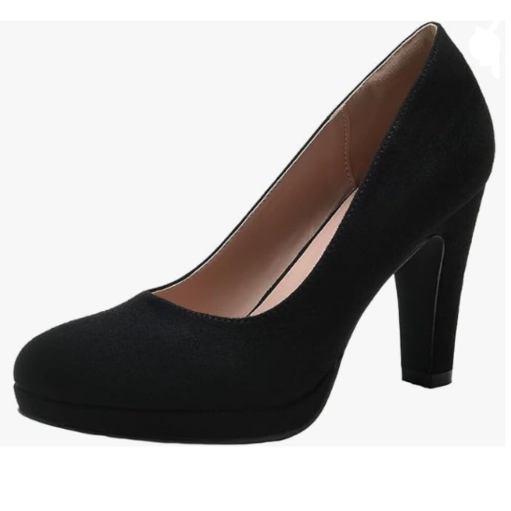 miss left Black Suede Low Platform Chunky High Heel Slip On Round Toe Pump